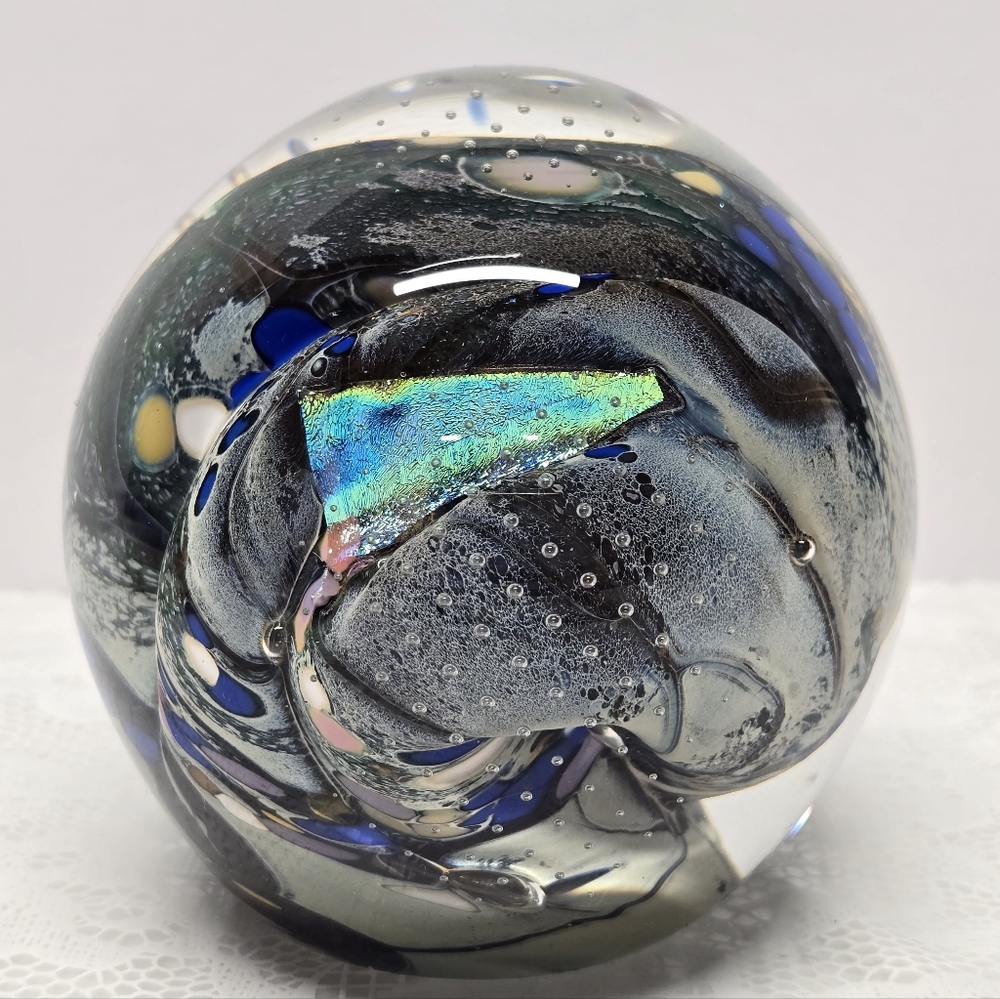 Karg Studio Dichroic Accent Large Art Glass Multicolor Paperweight Signed 1997